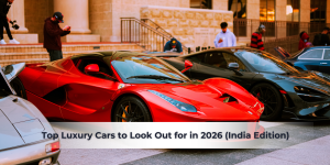 Blog banner featuring red and black supercars for article on top luxury cars to look out for in 2026 in India.